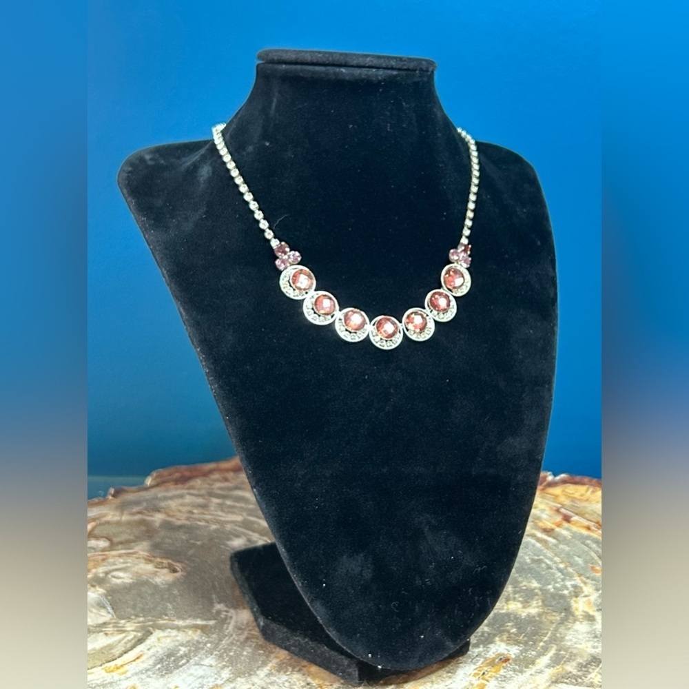 Vintage Christine Collection Pink White Rhinestone Silver Toned Fashion Necklace - Picture 9 of 10